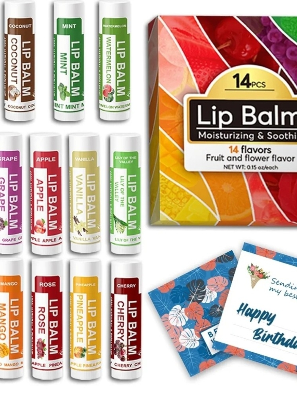 14-Pack Fruit & Flower Lip Balm Set - Moisturizing Lip Balm (Assorted Colors)